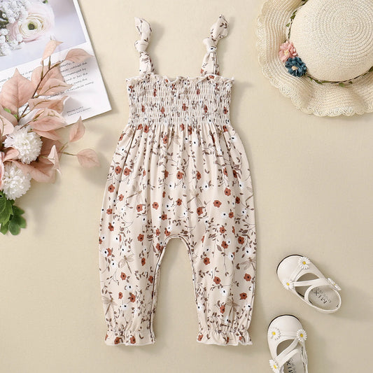 0-24M Baby Girls Floral Jumpsuits Tie-up Suspender Pants Overalls Infant Romper Toddler Summer Clothes 2025 New