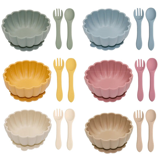 3Pcs/Set Baby Silicone Bowl Kids Waterproof Suction Non-Slip Feeding Bowl With Fork Spoon Children Kitchenware Infant Plates